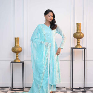 sophisticated sky blue dress with mirror work embellishment 3 piece