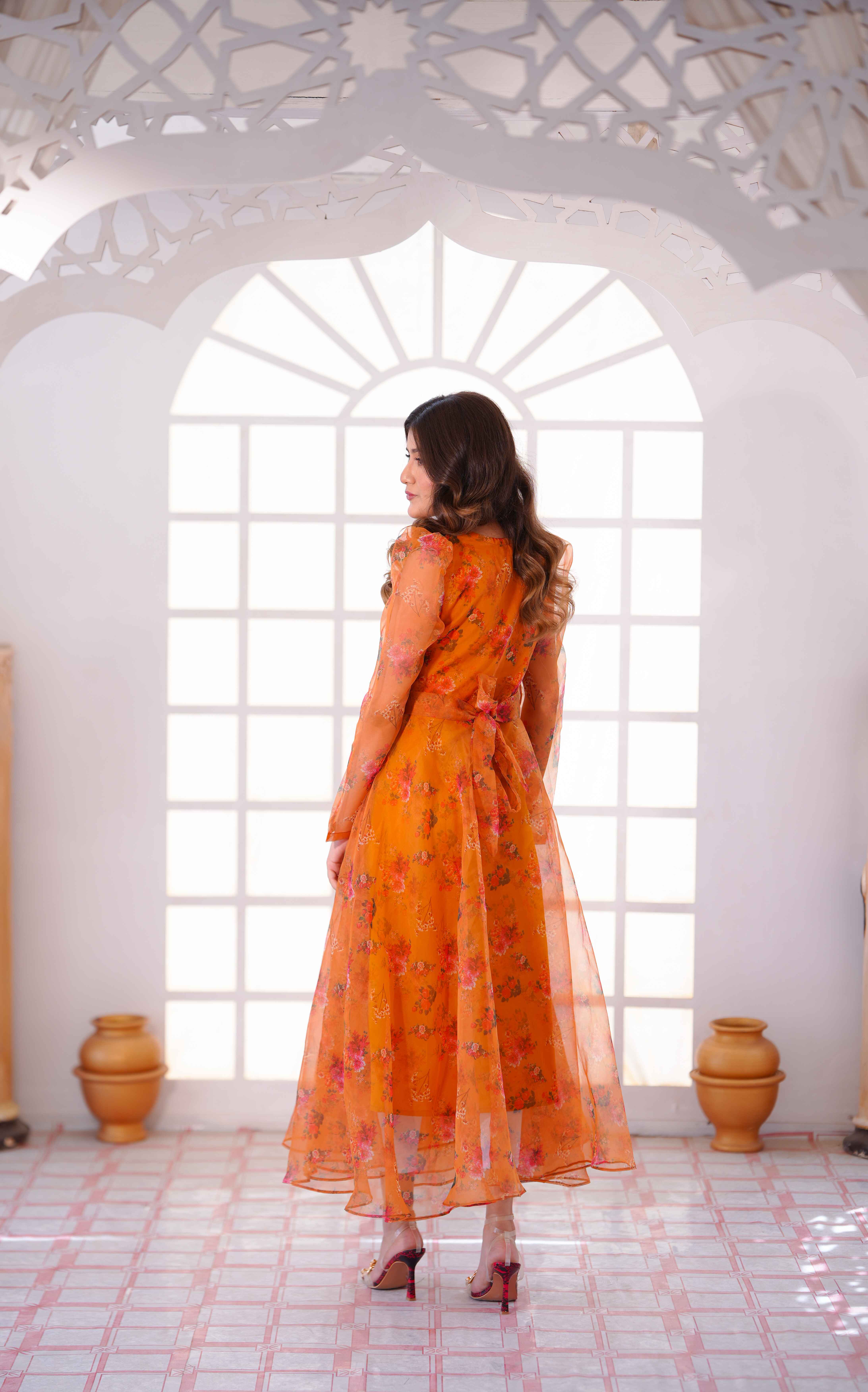 Luxury Printed Organza Frock Dress with Elegant Lace�Detailings