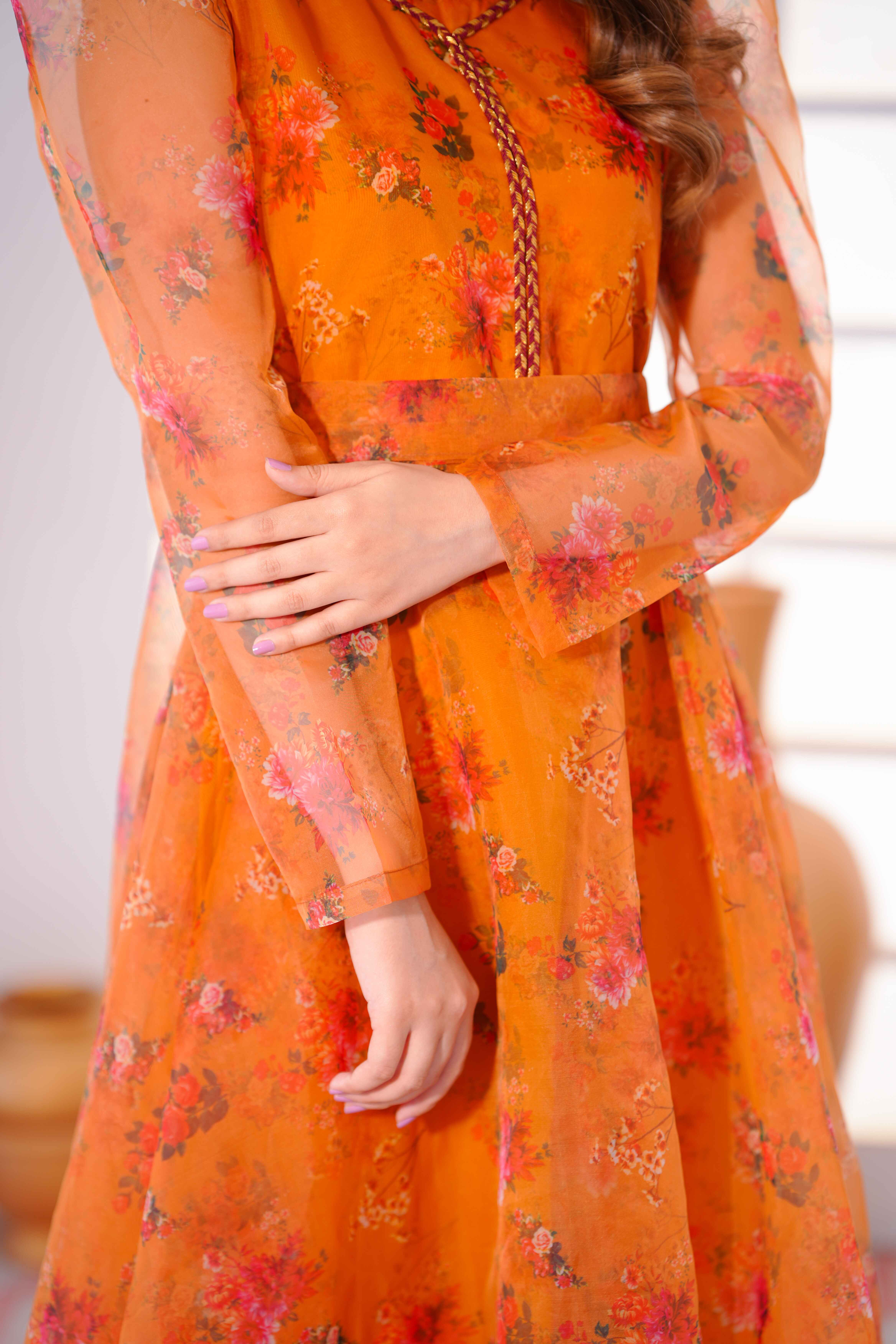 Luxury Printed Organza Frock Dress with Elegant Lace�Detailings