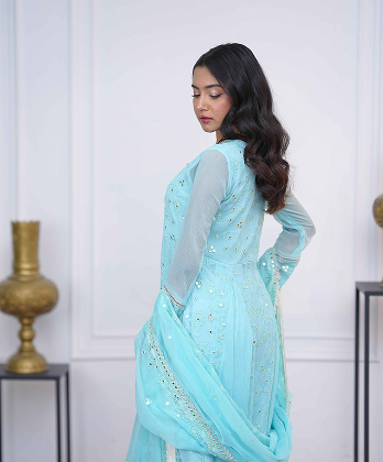 Sophisticated Sky Blue  Dress with Mirror work Embellishment-�3�peice