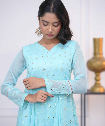 Sophisticated Sky Blue  Dress with Mirror work Embellishment-�3�peice