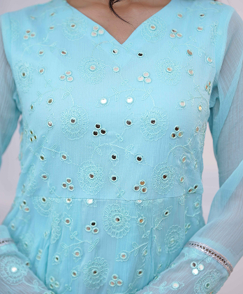 Sophisticated Sky Blue  Dress with Mirror work Embellishment-�3�peice