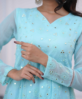 Sophisticated Sky Blue  Dress with Mirror work Embellishment-�3�peice