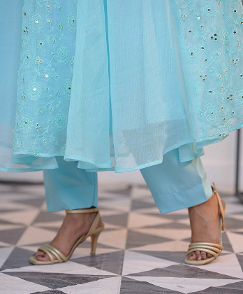 Sophisticated Sky Blue  Dress with Mirror work Embellishment-�3�peice